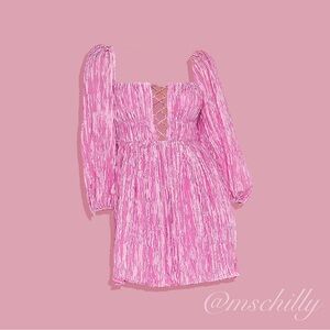 Lovers + Friends Take Me Out Mini Dress Pink Ribbed Taffeta Peasant Lace Up S